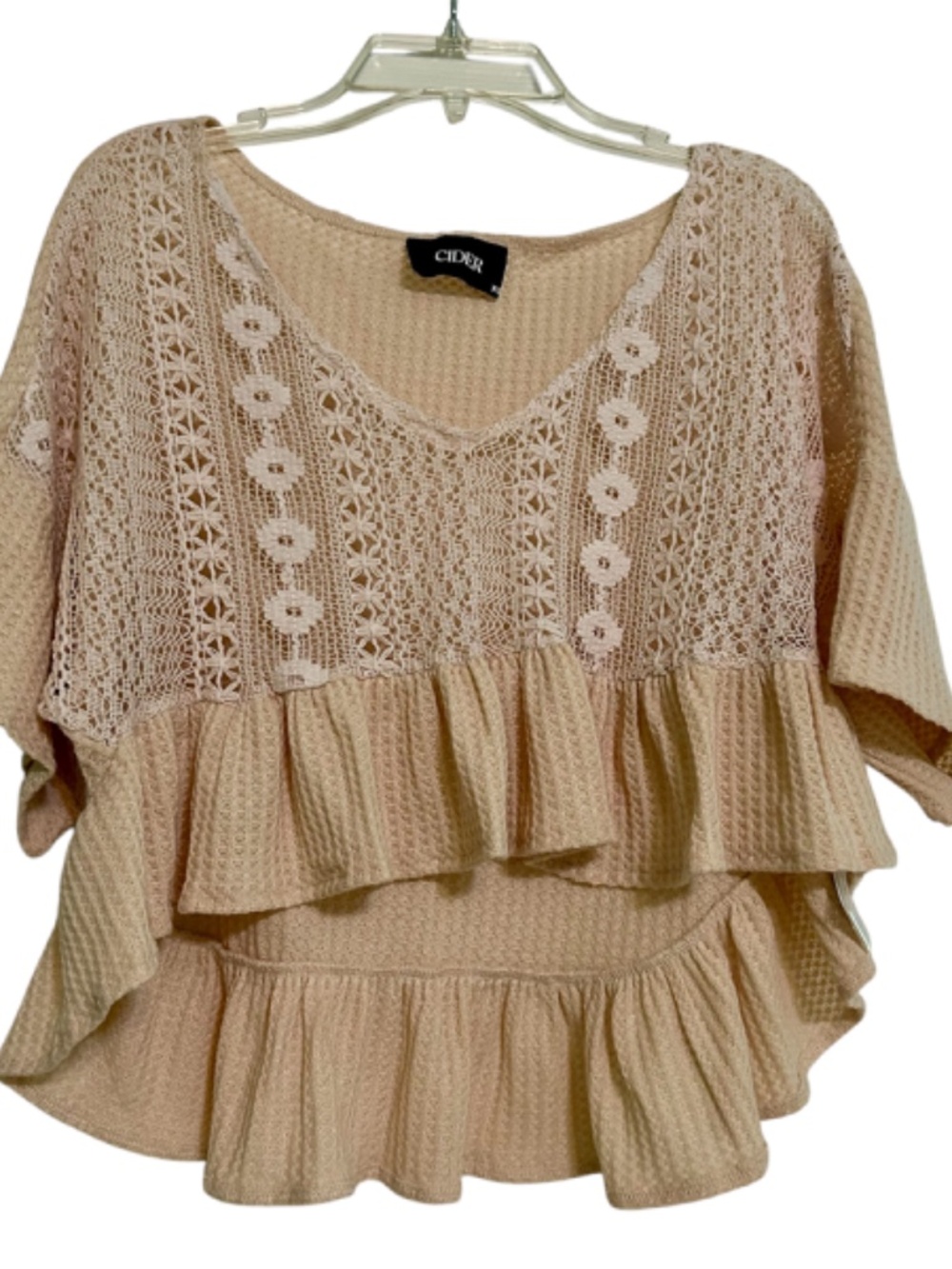Beige Crop Top Crochet Overlay Ruffle Hem Short Sleeves HiLow Vneck XSmall - Picture 2 of 12